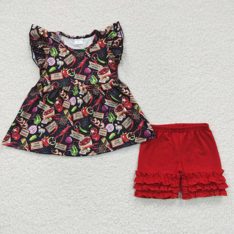 Crawfish kids red ruffle shorts set