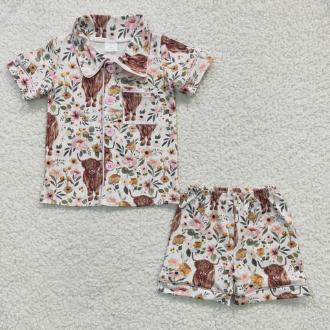 Highland cow kids girl pajamas shorts set