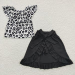 Girls black leopard top skirt shorts set