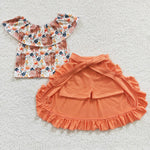 Cow flower off shoulder girls orange set