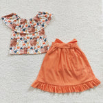 Cow flower off shoulder girls orange set