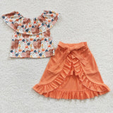 Cow flower off shoulder girls orange set