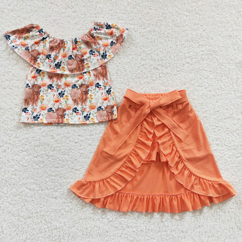 Cow flower off shoulder girls orange set