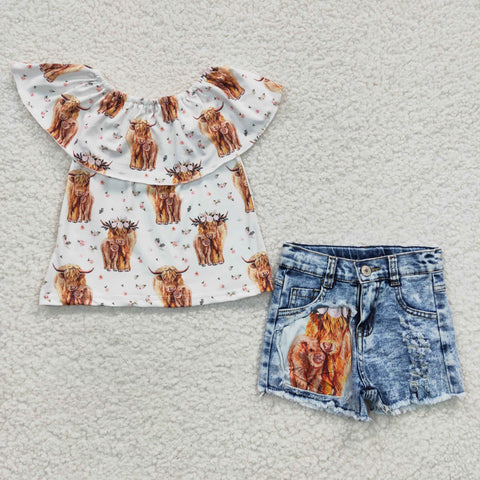 Highland cow floral girls denim shorts set