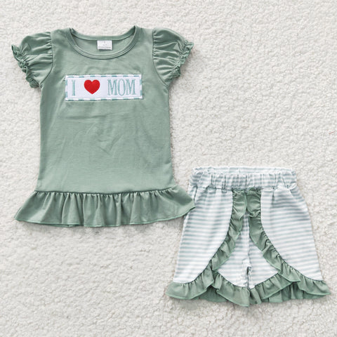 I love mom baby girls green shorts set