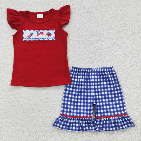 4th of July kids girl plaid shorts set