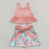 GSSO0196  Baby girl pink floral belt shorts set-promotion 2024.6.15