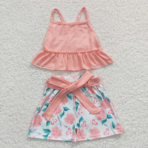 GSSO0196  Baby girl pink floral belt shorts set-promotion 2024.6.15