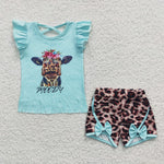 Blue cow print tassel shirt kids leopard short set