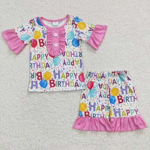 Happy birthday balloon girls pink shorts set