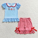 Farm embroidery kids girl blue outfit