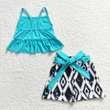 Girls blue strap top geometric shorts set