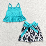 Girls blue strap top geometric shorts set