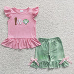 Kids pink baseball green plaid shorts set