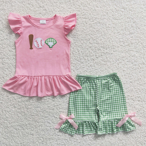 Kids pink baseball green plaid shorts set