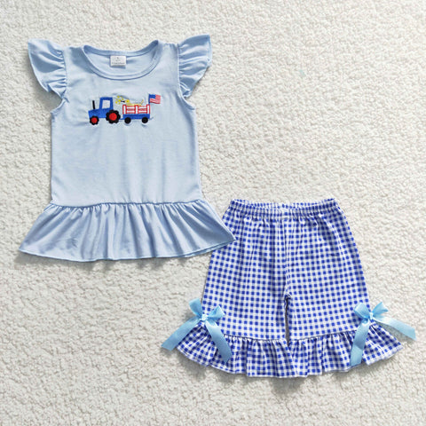 Tractor embroidery kids girl blue outfit