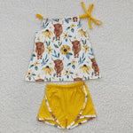 Highland cow floral yellow girls set