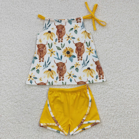 Highland cow floral yellow girls set