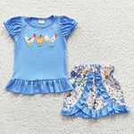 Chicken embroidery girls blue floral set