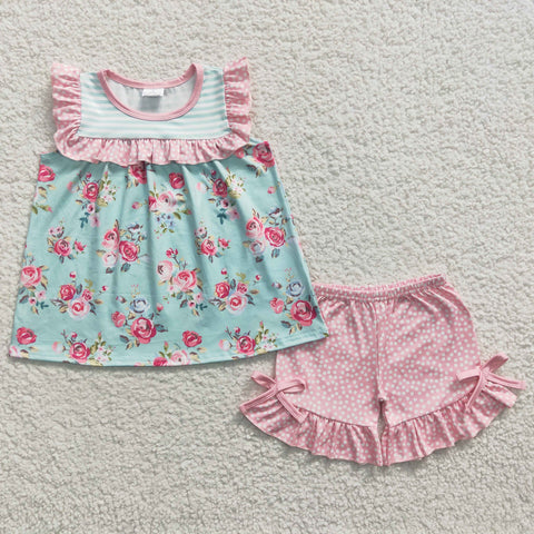 GSSO0215 Kids dotted shorts girls floral pink set-promotion 2024.6.29