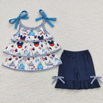 Cartoon firework toddler girl navy shorts set