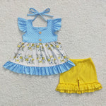 GSSO0220 Girls blue floral top yellow shorts set-promotion 2024.6.29