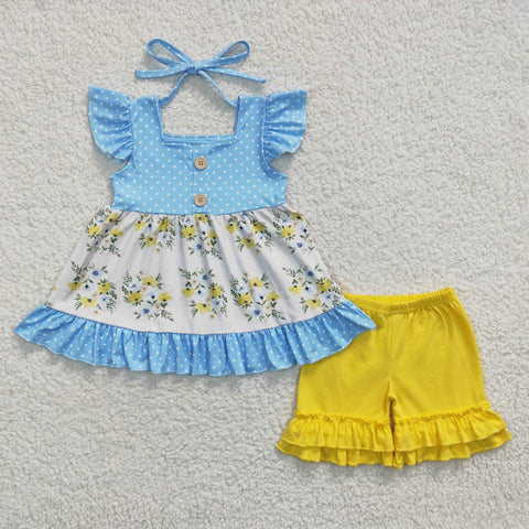 GSSO0220 Girls blue floral top yellow shorts set-promotion 2024.6.29