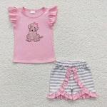 Dog embroidery girls ruffle pink outfit