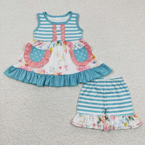 Kids ruffle pocket floral summer set