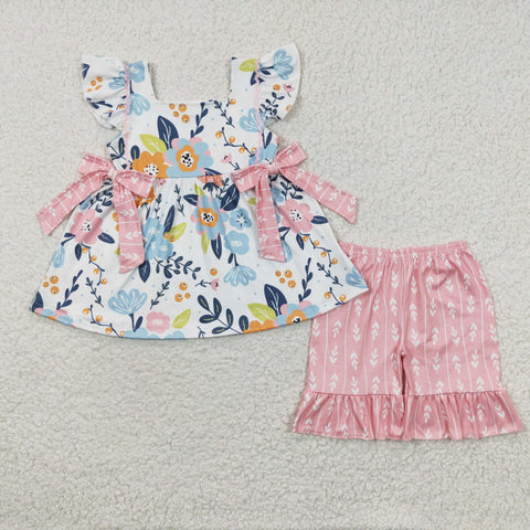 Leaves bow top kids girls pink shorts set