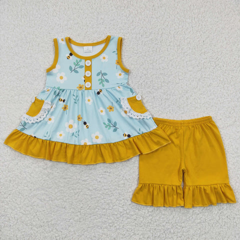 Toddler girls floral bee mustard set