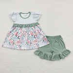 Girls floral green shorts summer set