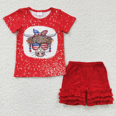Kids red ruffle shorts girls cow print set