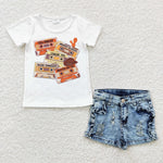 Cassette white shirt kids girl denim shorts set