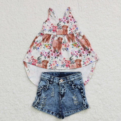 Strap floral dress girls blue shorts set