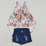 Floral strap dress girls blue denim shorts set