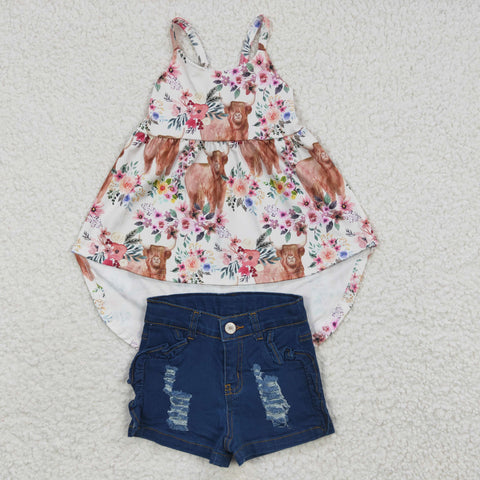 Floral strap dress girls blue denim shorts set