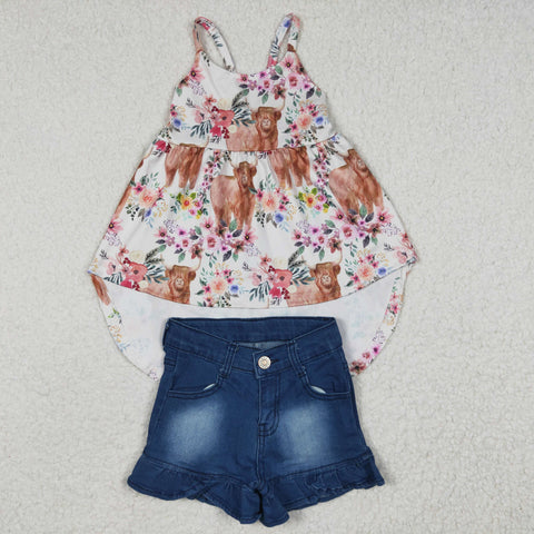 Highland cow floral dress girls faded denim shorts set