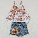 Cow print dress girls denim shorts set