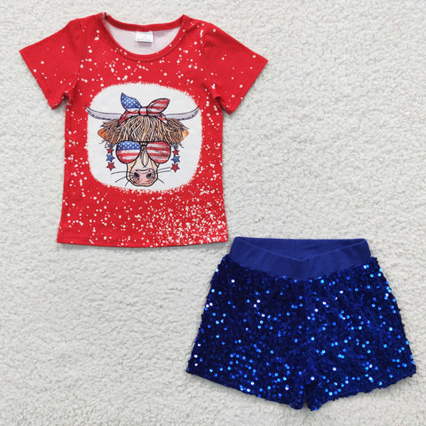 July 4th Red T Shirt Girls Blue Sequined Set
