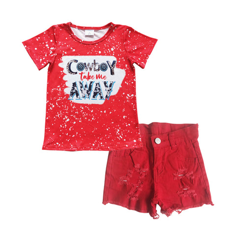 Cowboy take me away top kids ripped red shorts