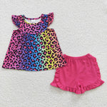 Kids girl leopard ruffle shorts set