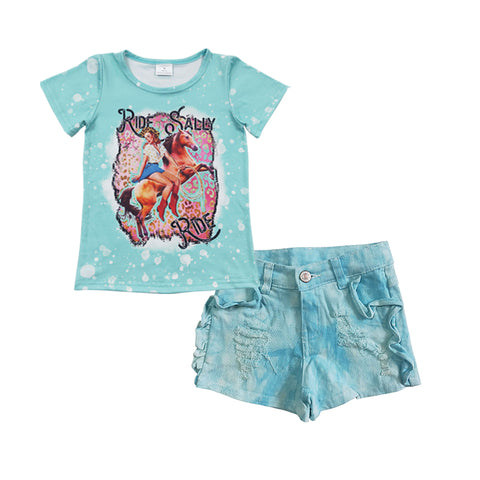 Horse ride shirt girls ripped shorts set