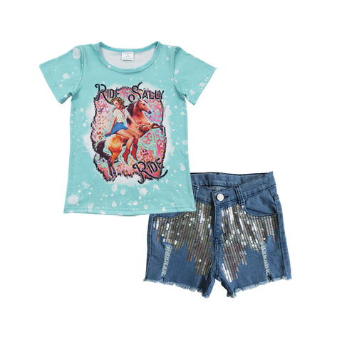 Ride girl blue sequined shorts set