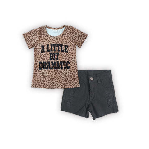 Leopard t shirt ripped black shorts kids set