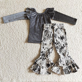 Grey velvet top+bell bottom denim pants girls clothing outfits