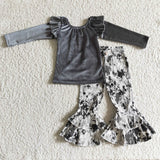 Grey velvet top+bell bottom denim pants girls clothing outfits