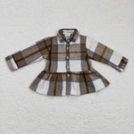 Brown little kids plaid polo shirts girls flannel boutique shirts