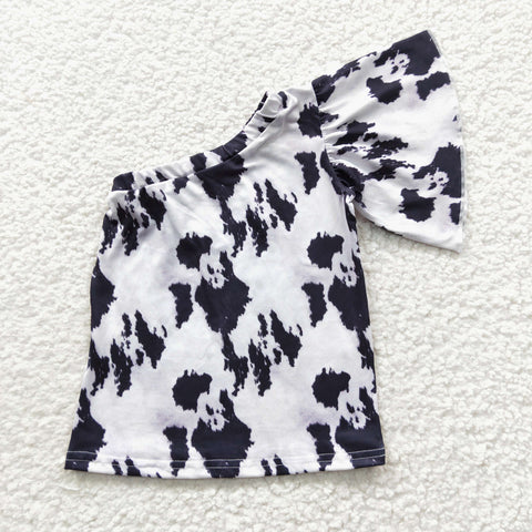 Summer cow print one shoulder toddler girls t shirt