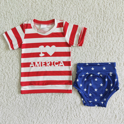 4th Of July Fashion Infant Red Stripe Short Sleeve Shirt Star Print Bummies Baby
